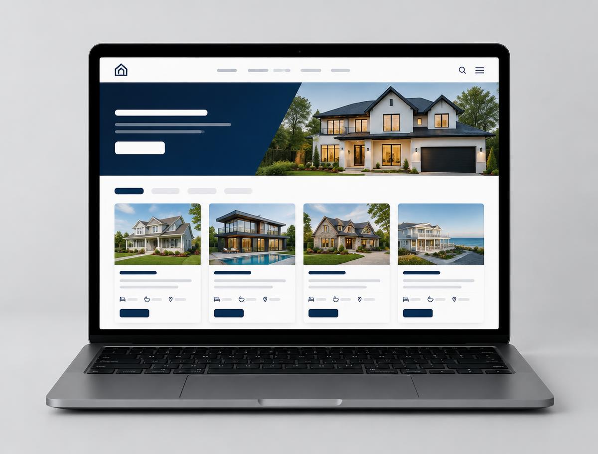 Concept website for an estate agency with property listings on a laptop