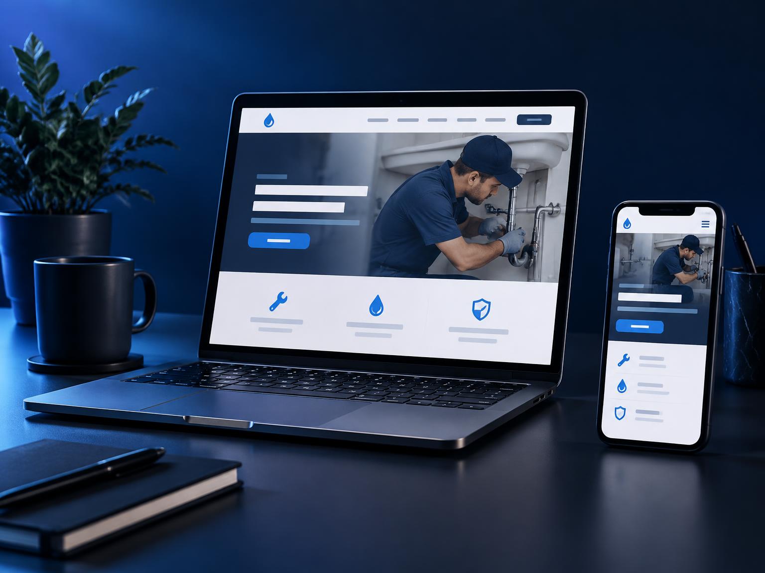 A laptop and phone showing a professional plumbing business website